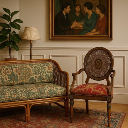 Rattan chair hand painted with silk red fabric